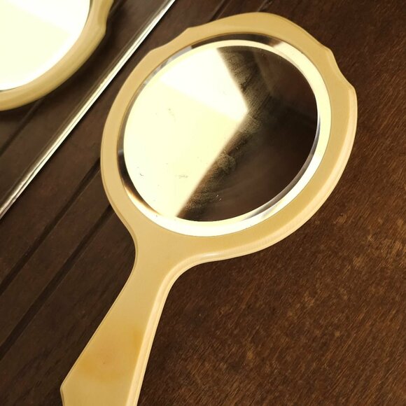 Vintage Art Deco Du Barry Py-Ra-Lin Ivory Celluloid Hand Held Beveled Mirror 10" - Picture 1 of 11